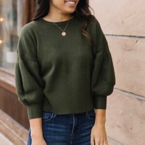 Oat New York Crop Balloon Sleeve Sweater Green XS